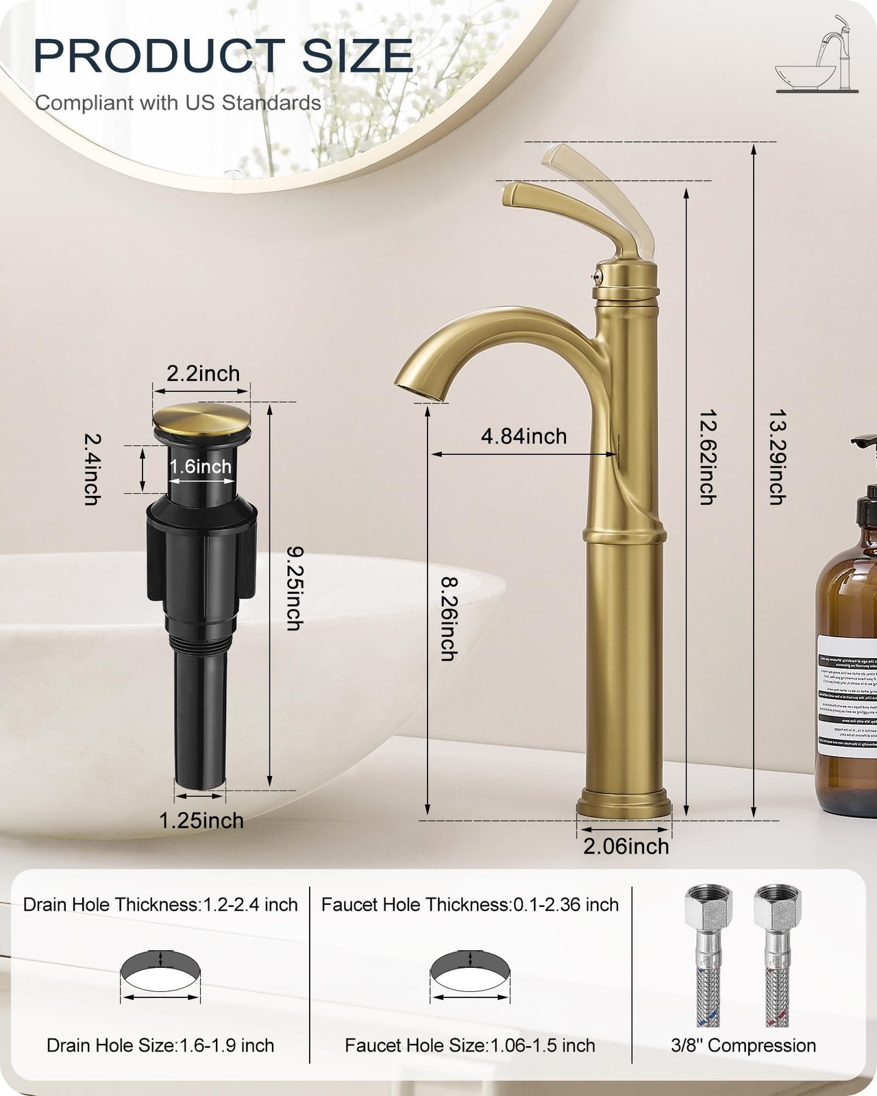 HOIGY HY-BF-16H-NG1 Gold Vessel Sink Faucet One Hole 1 Handle Arched Spout