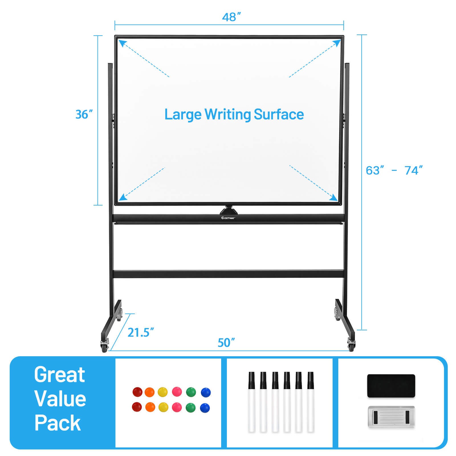 Costway Height Adjust 48″x36″ Mobile Magnetic Double-Sided Reversible Whiteboard