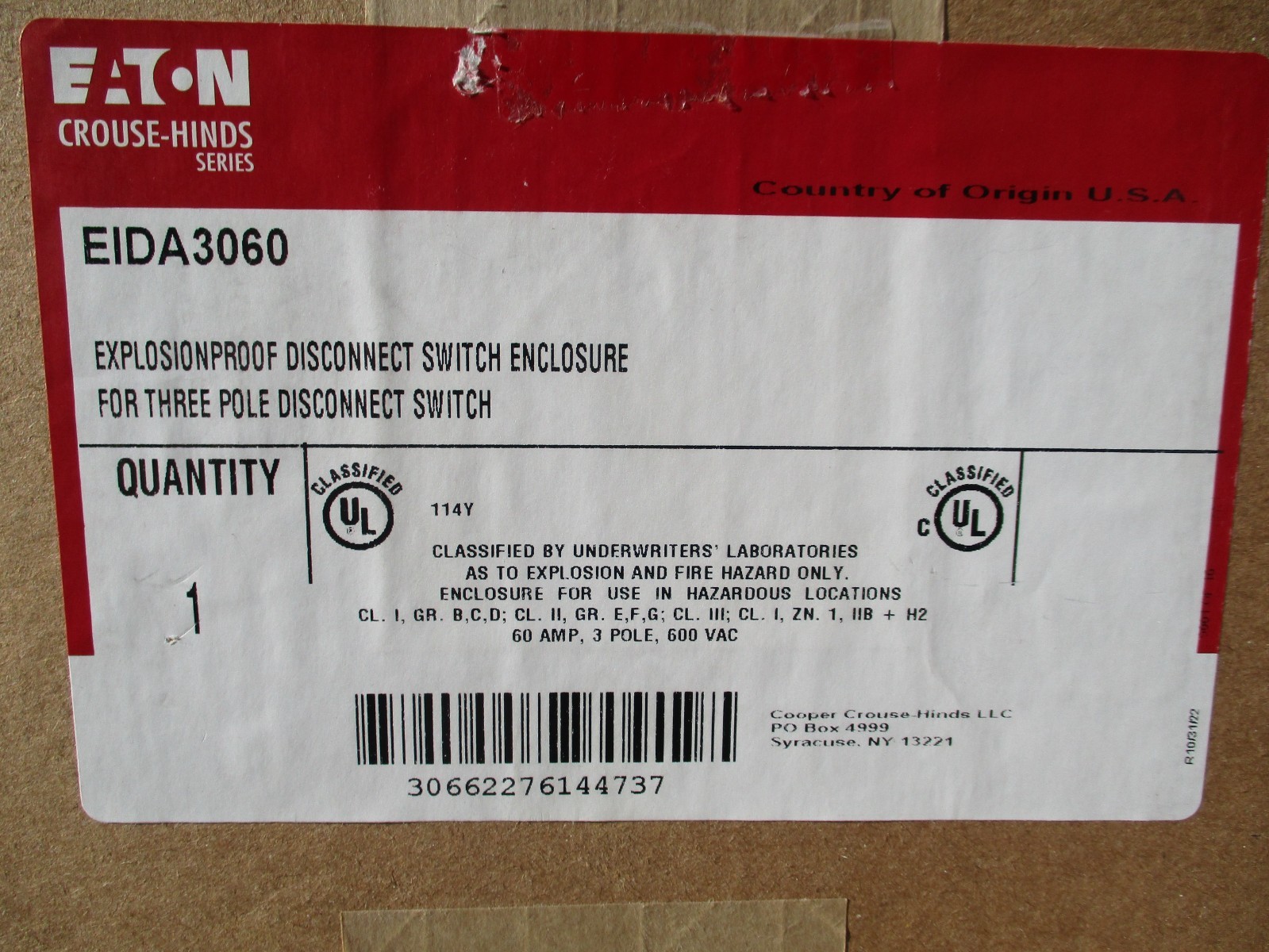 CROUSE HINDS EIDA3060 3 POLE 60AMP EXPLOSION PROOF NON-FUSIBLE DISCONNECT SWITCH