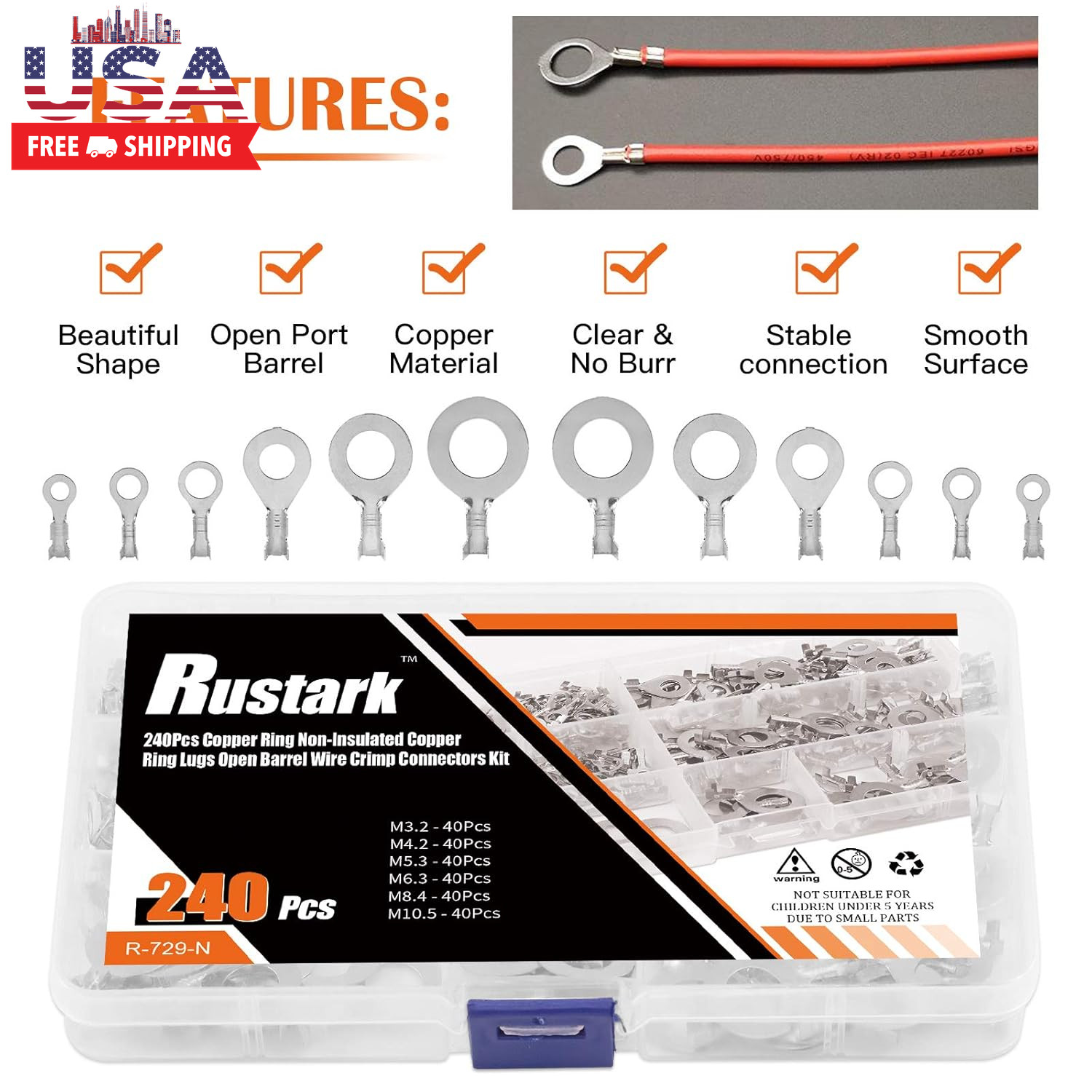 6 Sizes 240 Pcs Non-Insulated Ring Crimp Terminals Connector Assortment Set, O-T