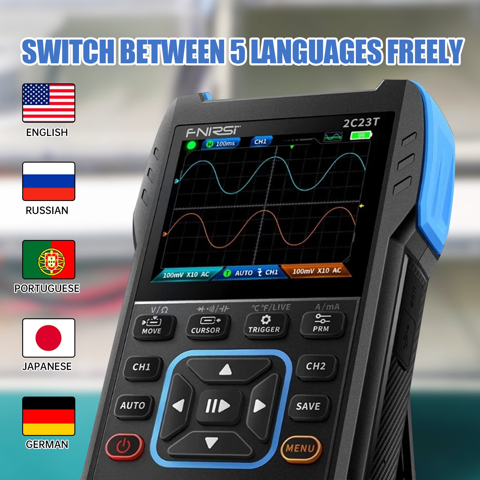 Portable FNIRSI 2C23T Handheld Digital Oscilloscope+Multimeter+Signal Generator
