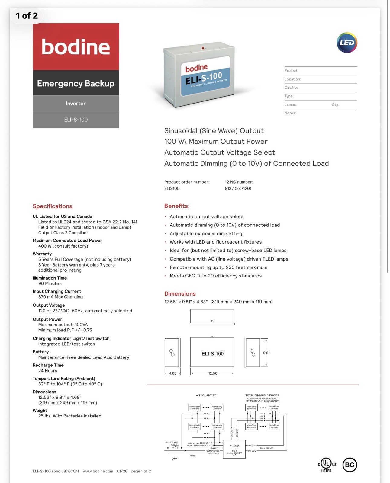Philips Bodine 120-Volt to 277-Volt ELI-S-100 Emergency Lighting Inverter