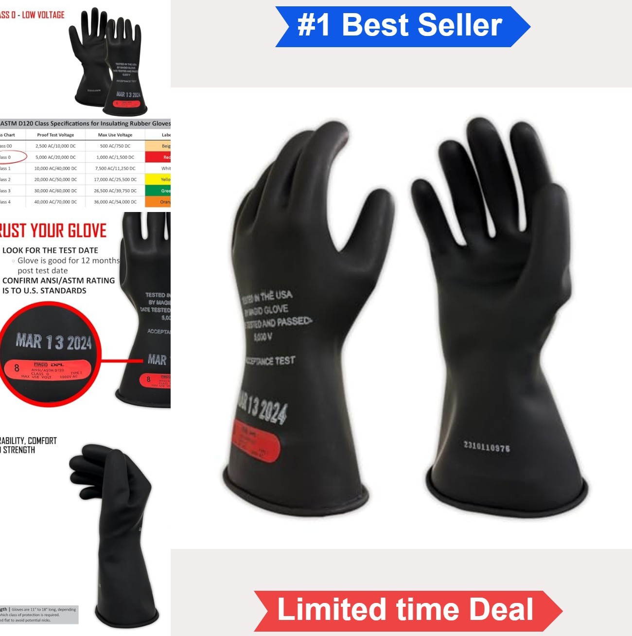 Rubber Insulating Electrical Safety Gloves Class 0 1000V 11 Inch For Lineman