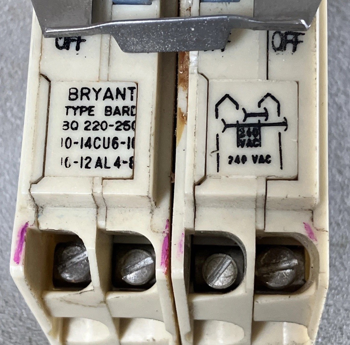 Bryant BQ220-250 BD220250 Old style 4-Pole BARD Quad Breaker White Red / Blue