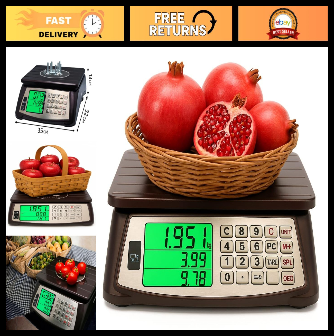 Commercial Price Computing Scale 66lb/30kg – Waterproof, Rechargeable, Large LCD
