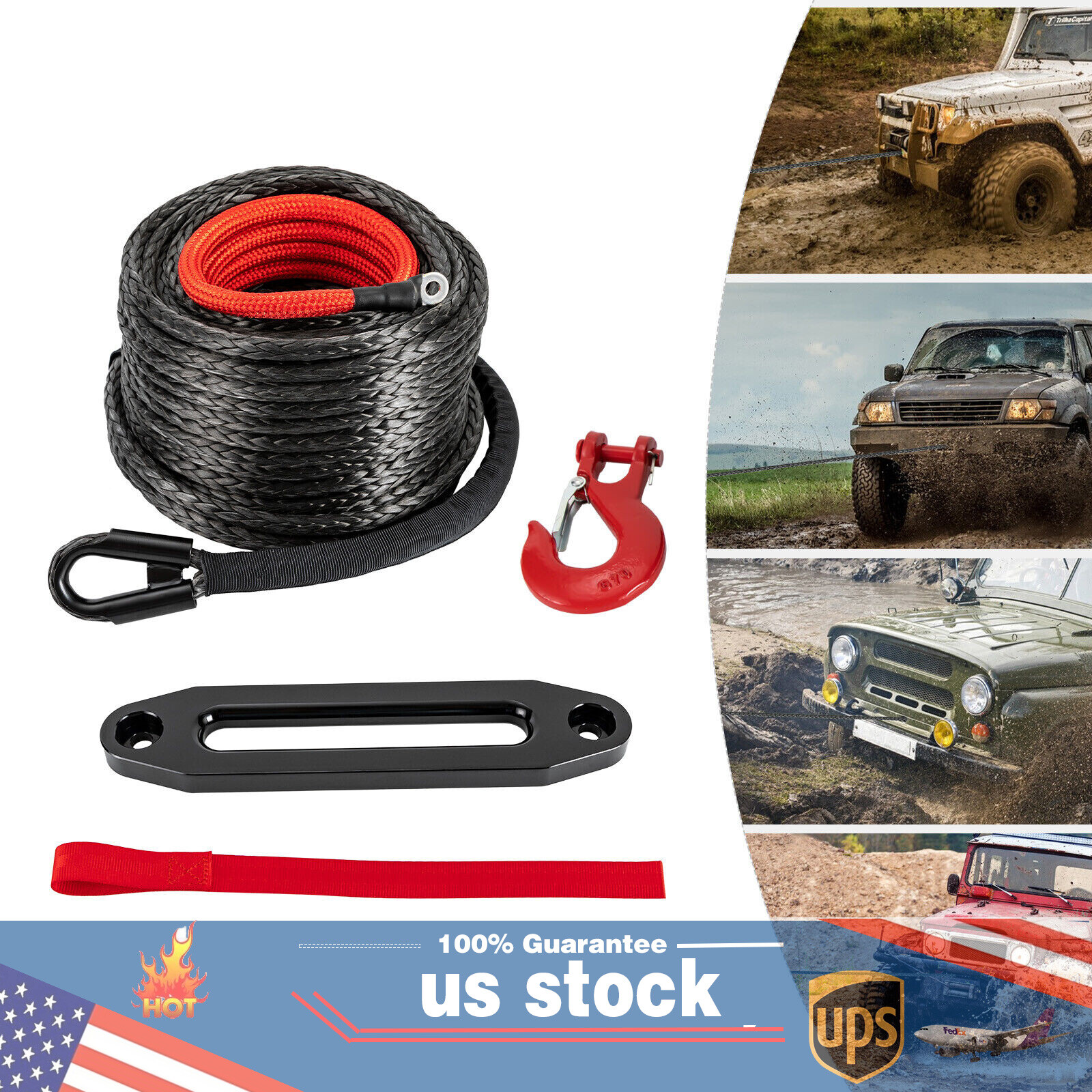 1/2″x92ft Synthetic Winch Line Cable Rope With Sleeve + Winch Hook For ATV UTV