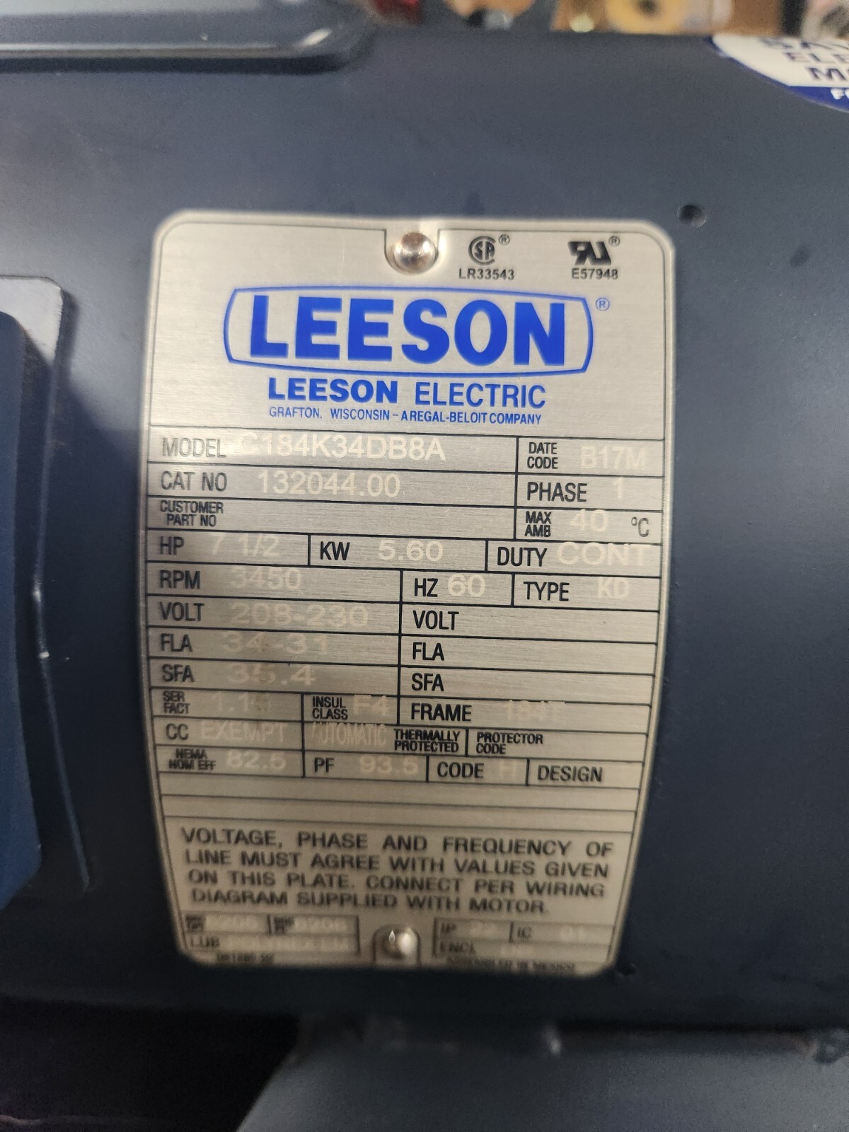 LEESON 132044 7.5HP Electric Motor NEW