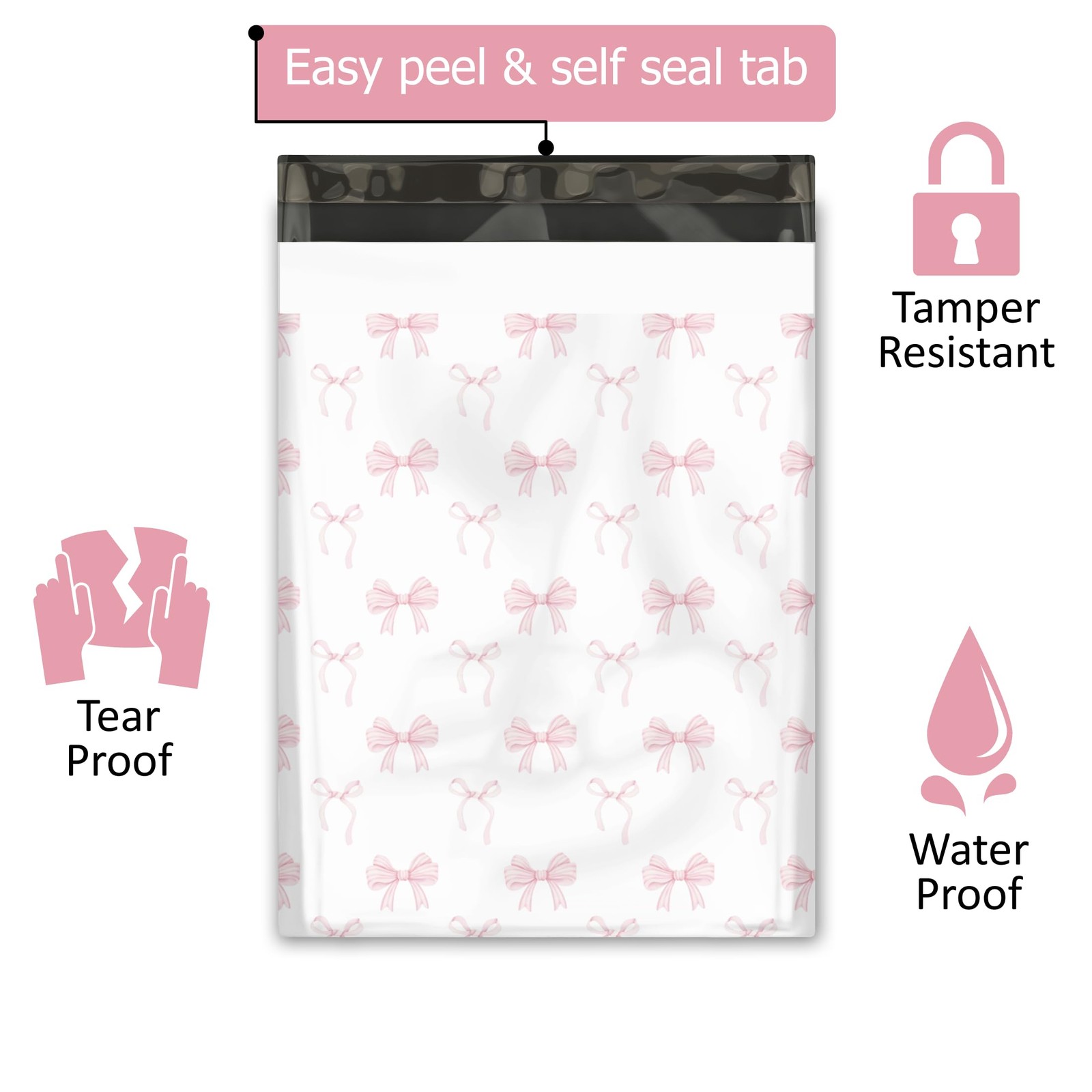 10×13 (100) Pink Bows Valentine’s Day Designer Poly Mailers Waterproof Self S…