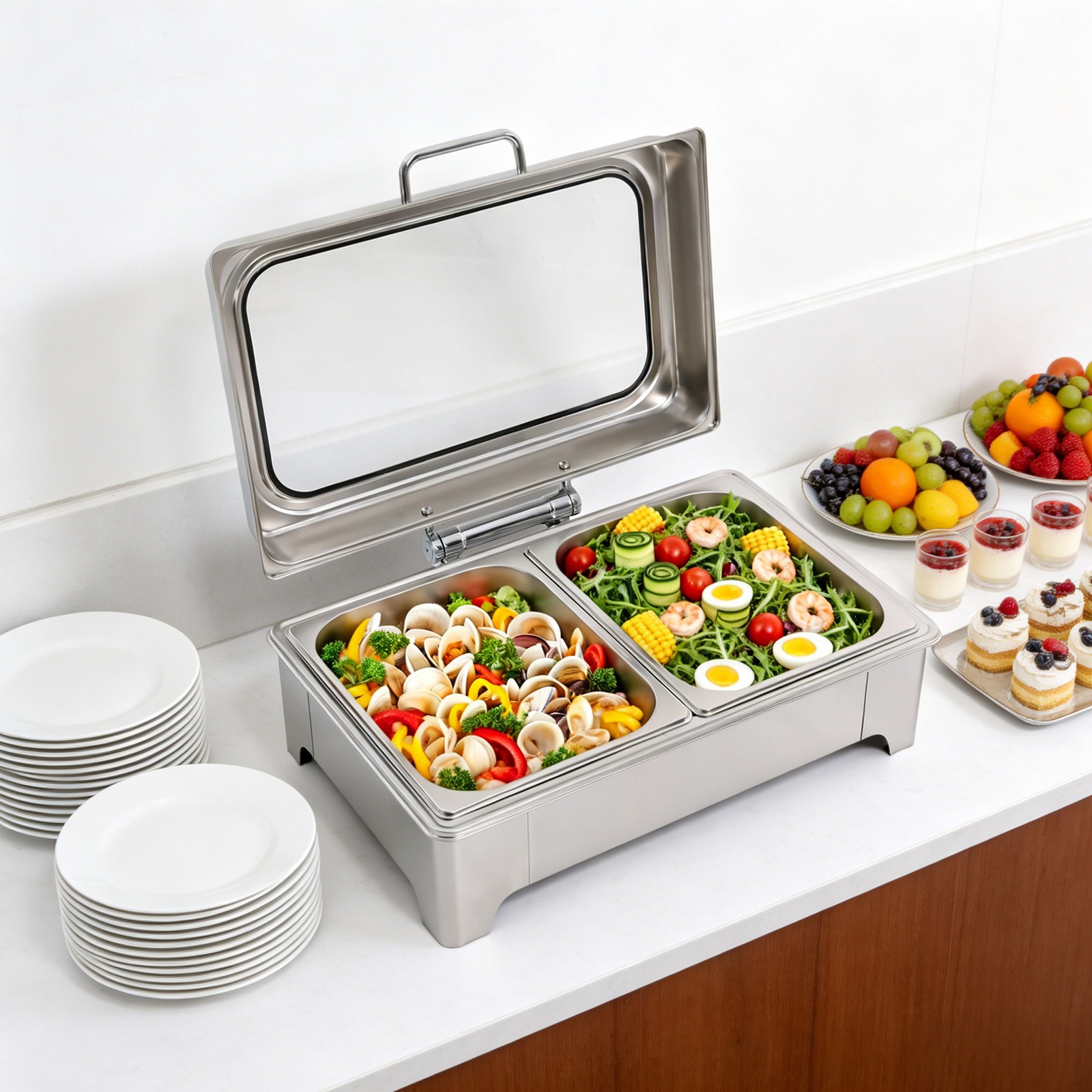 400W 9.5QT 2 Tray Stainless Steel Chafer Chafing Dish Catering Food Warmer Hotel