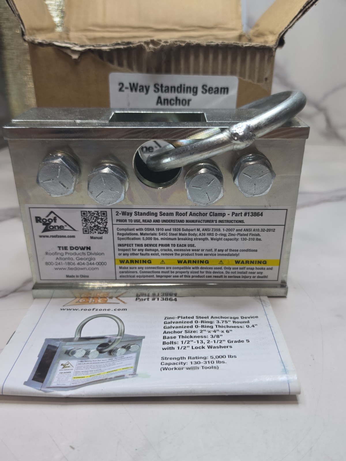 Roof Zone 2-Way Standing Seam Roof Anchor Clamp Tie Down 13864, 5000 lb Capacity