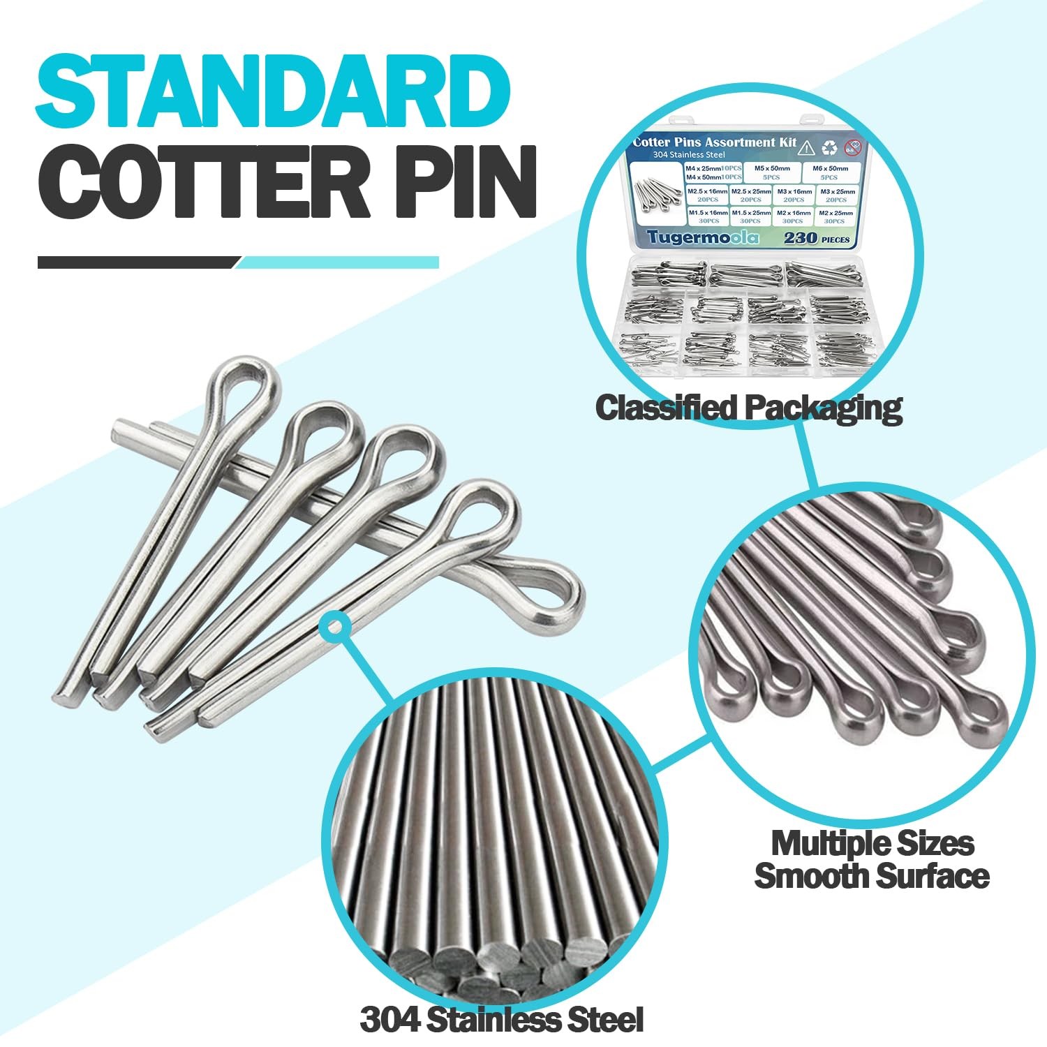 230PCS Cotter Pins Assortment Kit 304 Stainless Steel Split Pin.12 Sizes