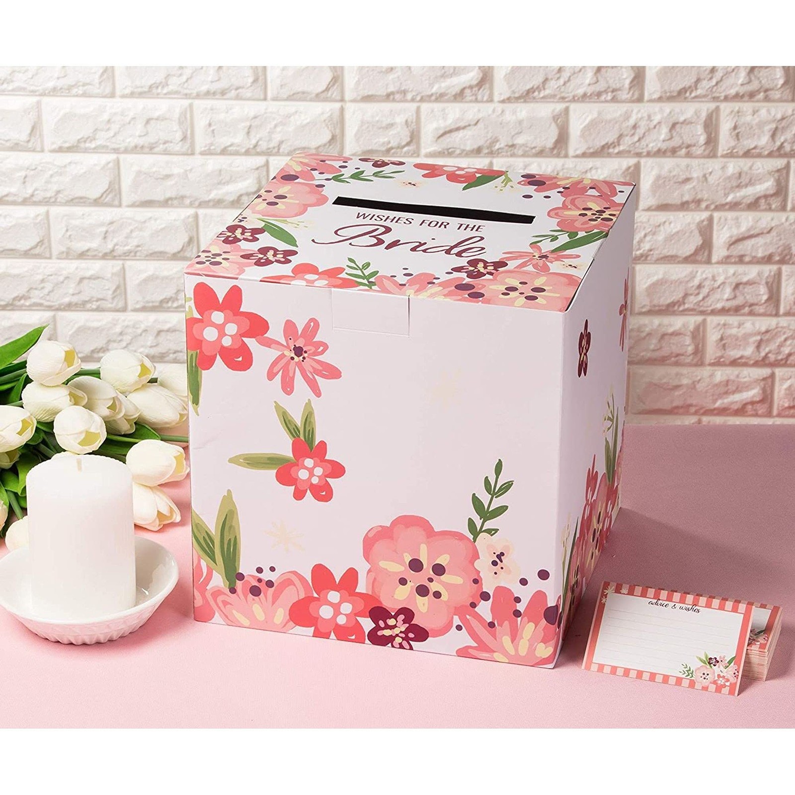Juvale Advice Card Box 8 x 8 x 8 inches (box), 4 x 2.5 (cards), Pink