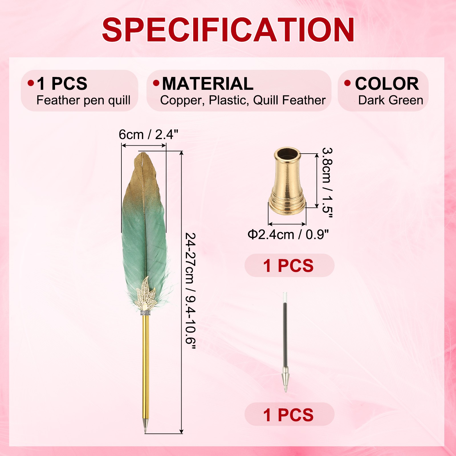 Feather Pen Quill, Ballpoint Pen with Golden Pen Holder, Dark Green