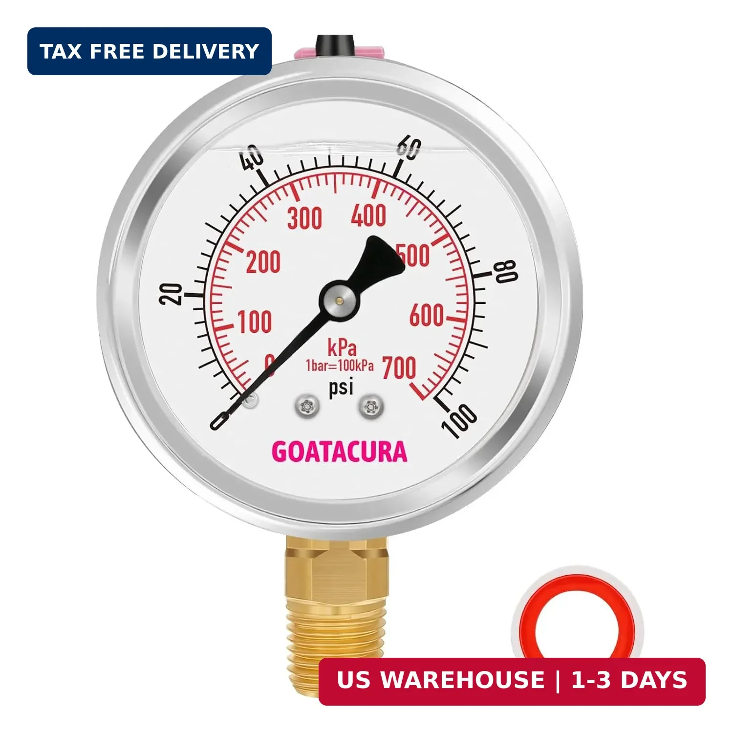0-100 PSI Water Gas Pressure Gauge, 2-1/2’’ Dial, 304 Stainless Steel, 1/4’’ NPT