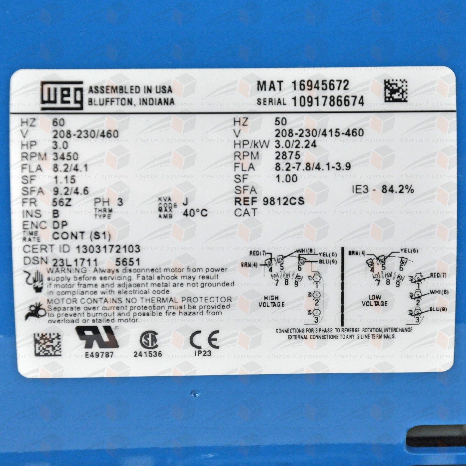 BURKS WATER PUMP# 330CS7M, 3.0 HP, 20.5 GPM, 3 PHASE, 208/230/460V, RPM 3450