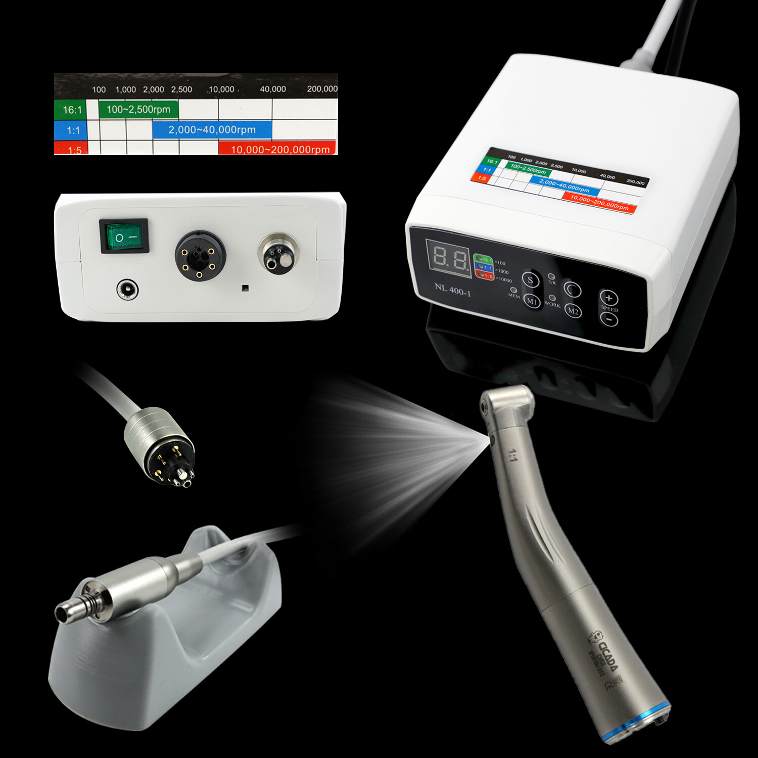 CICADA Dental Electric Motor + 1:1 Fiber Optic Handpiece LOW SPEED Contra Angle
