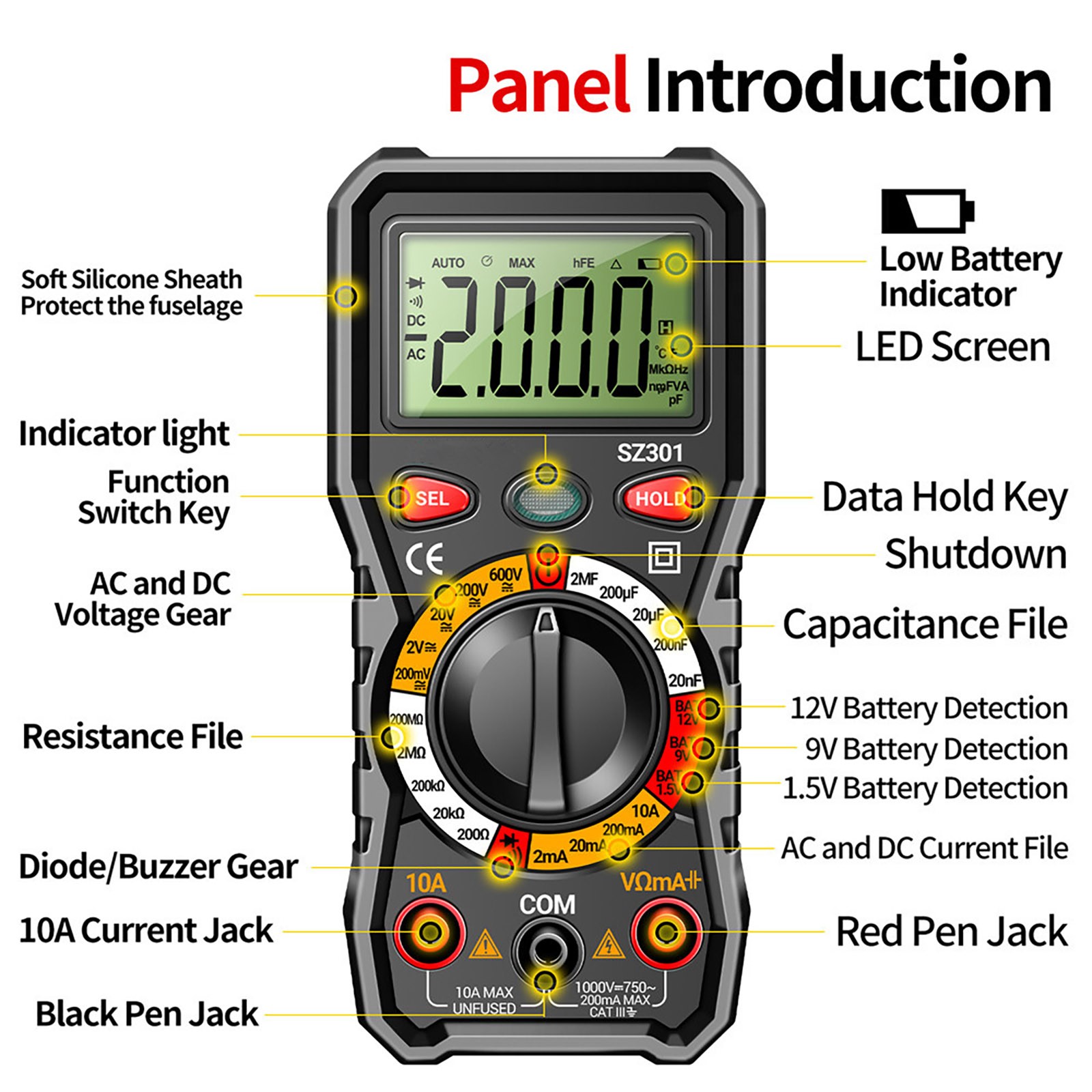 Portable Digital Multimeter Auto-Ranging AC DC Voltage Resistance Diode Test