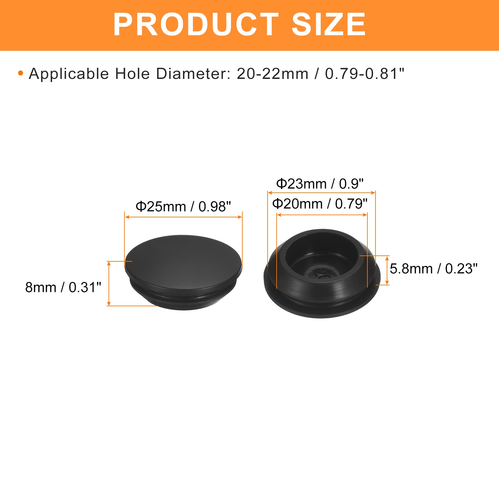 8Pcs Silicone Plugs Rubber Round Hole Plugs for 20-22mm Hole Black