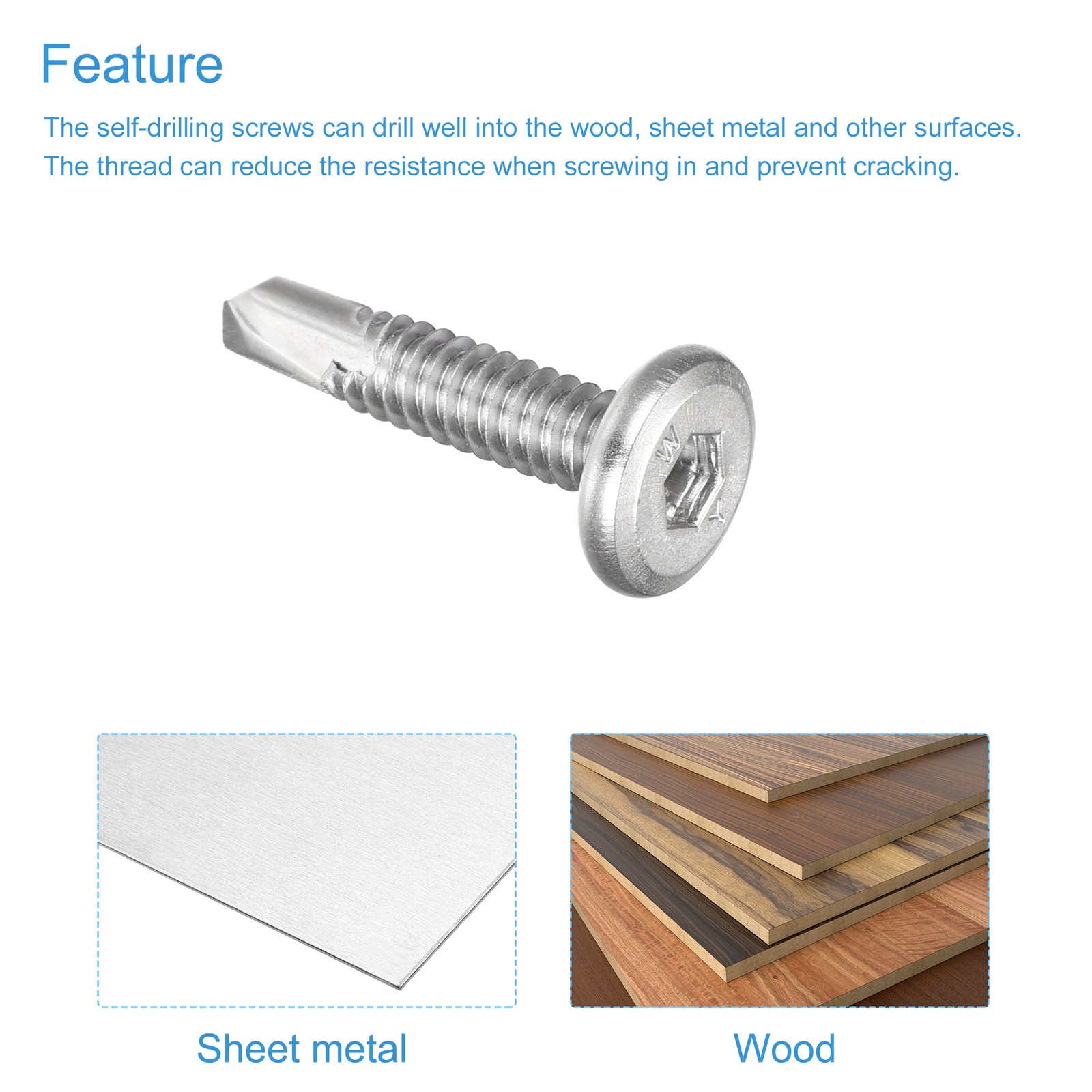 100pcs Hex Socket Self Tapping Screws #10 x 1″ 410 Stainless Steel Sheet Silver