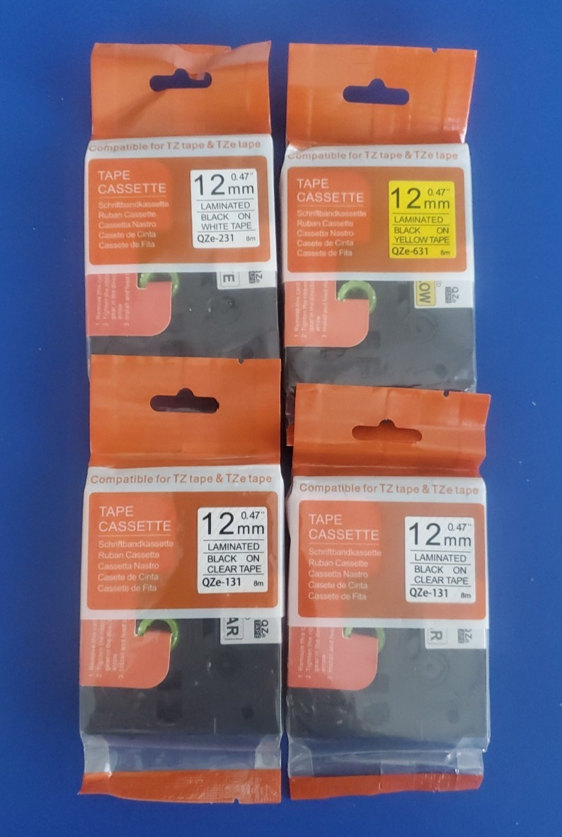 4 TZ & TZe Compatible Tapes – .47″ (12mm) X 8m – 1 Yellow, 1 White, & 2 Clear