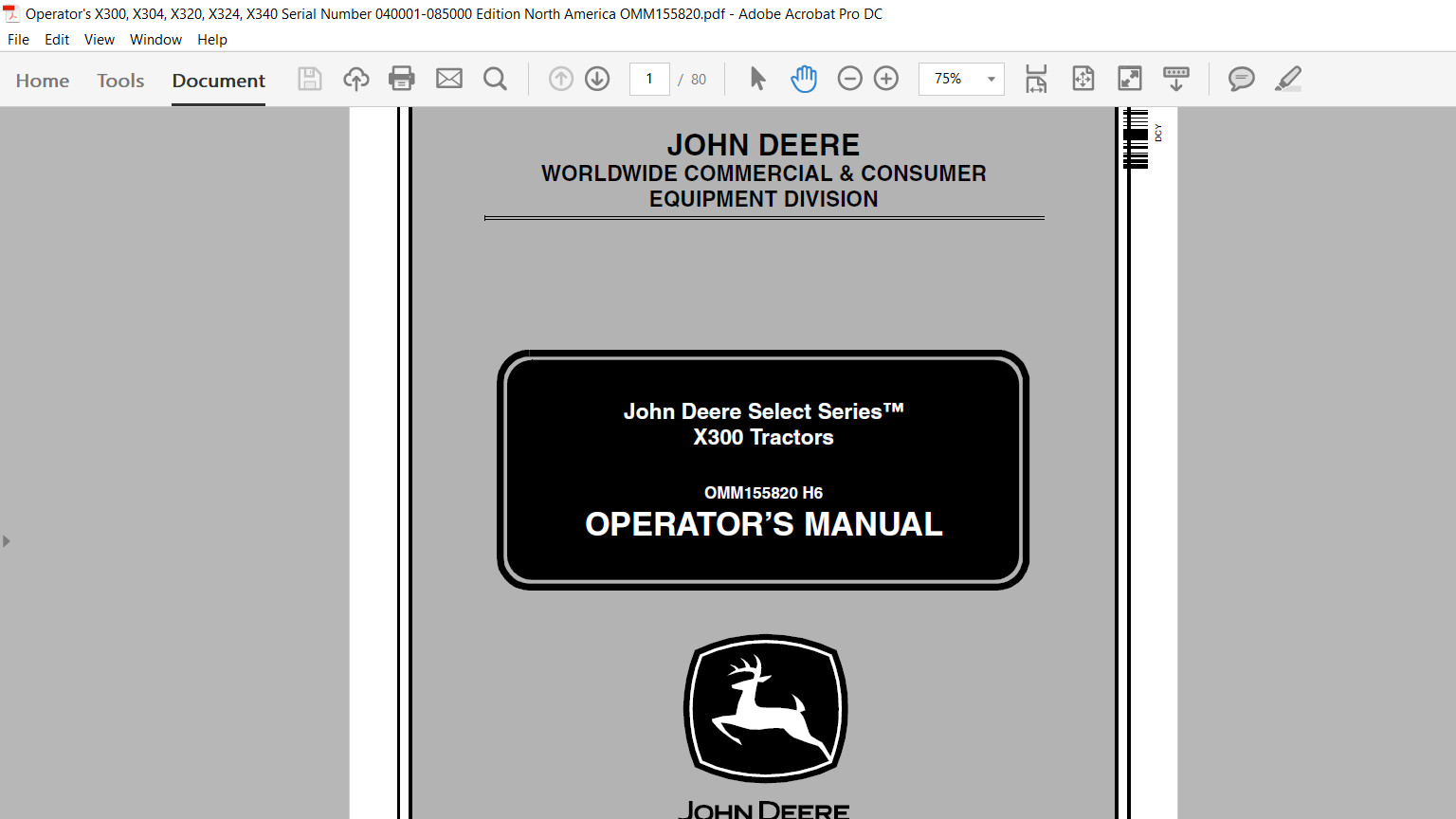 John Deere X300 X304 X310 X320 X324 X340 X360 Technical & Operator’s Manual USB