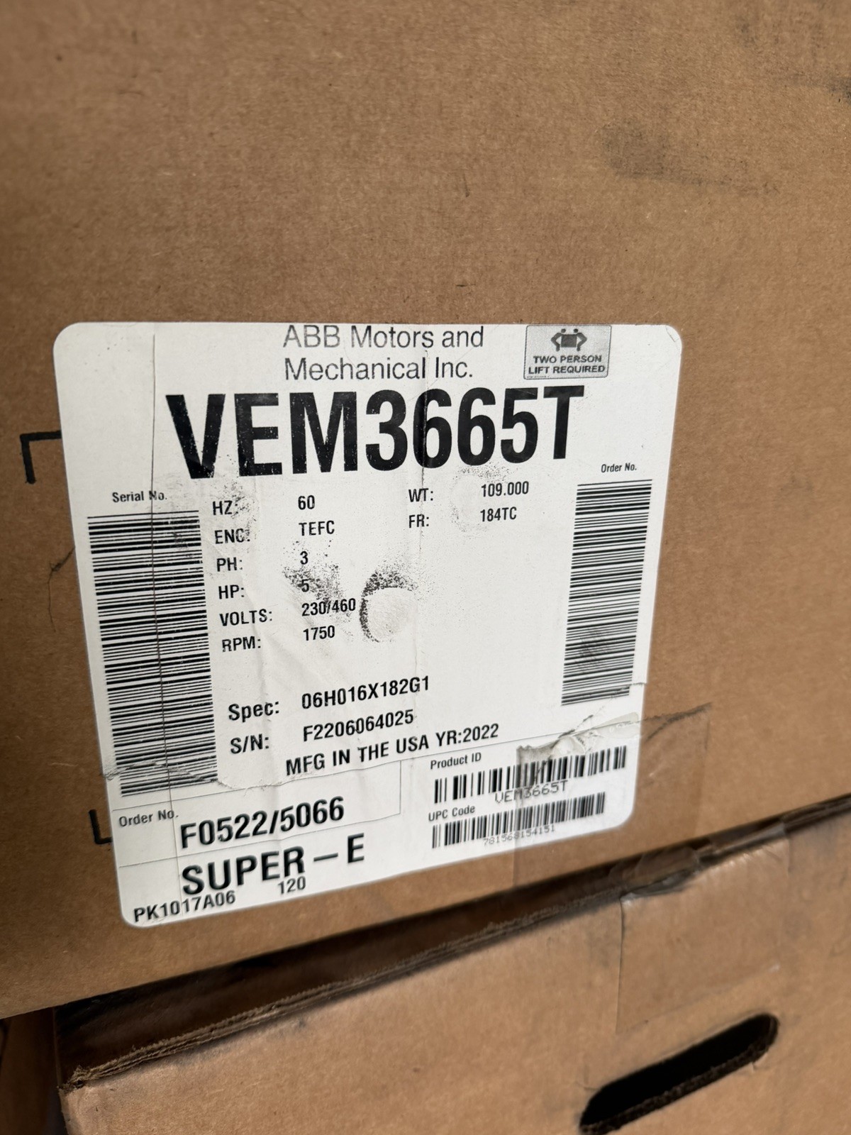 NIB Baldor VEM3665T Motor 5HP 230/460V 13/6.5A 1750rpm 3PH 184T Frame -Mill Duty