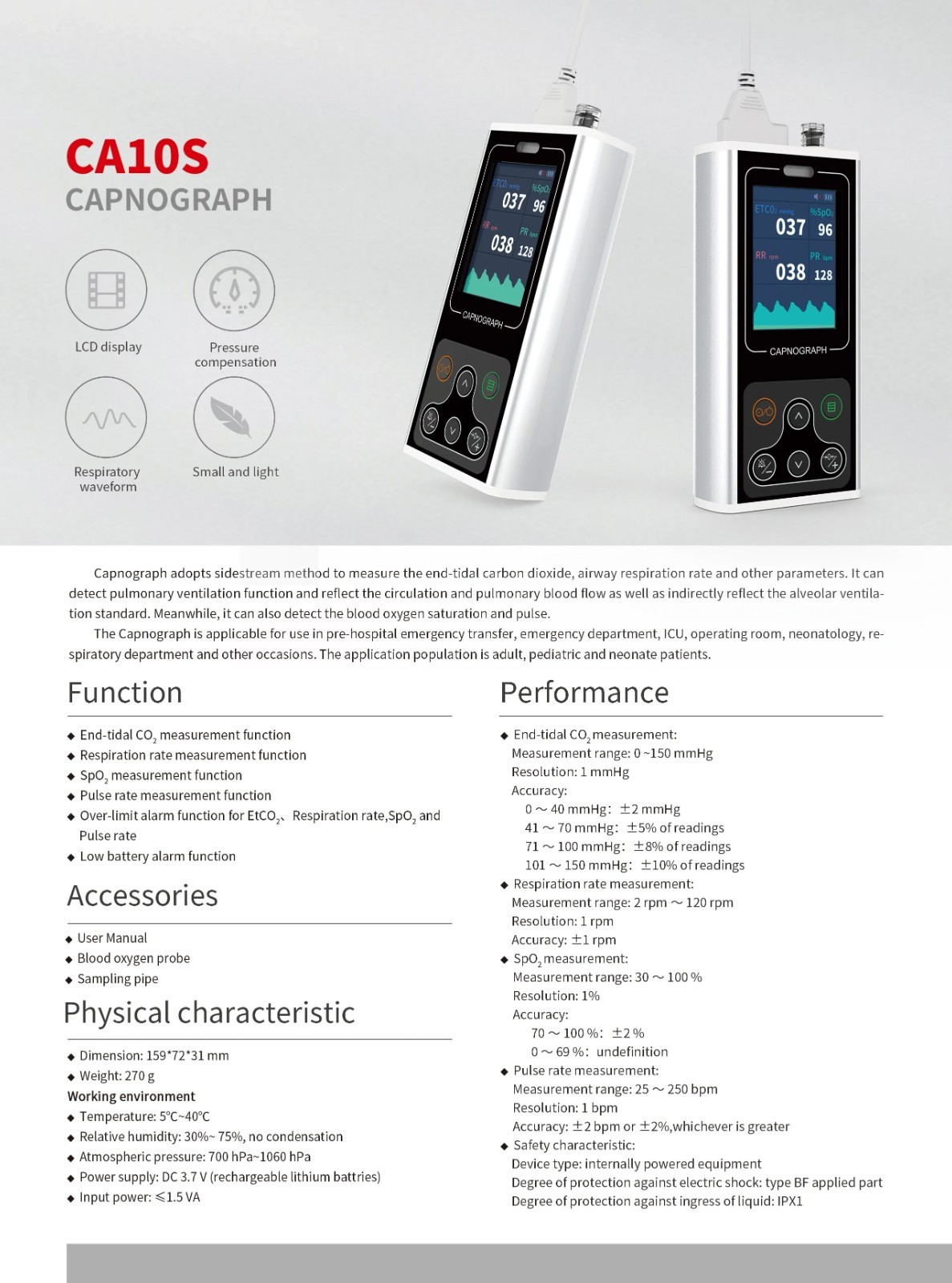 EtCO2 Monitor Portable Capnograph, End-Tidal Carbon Dioxide Respiratory Monitor