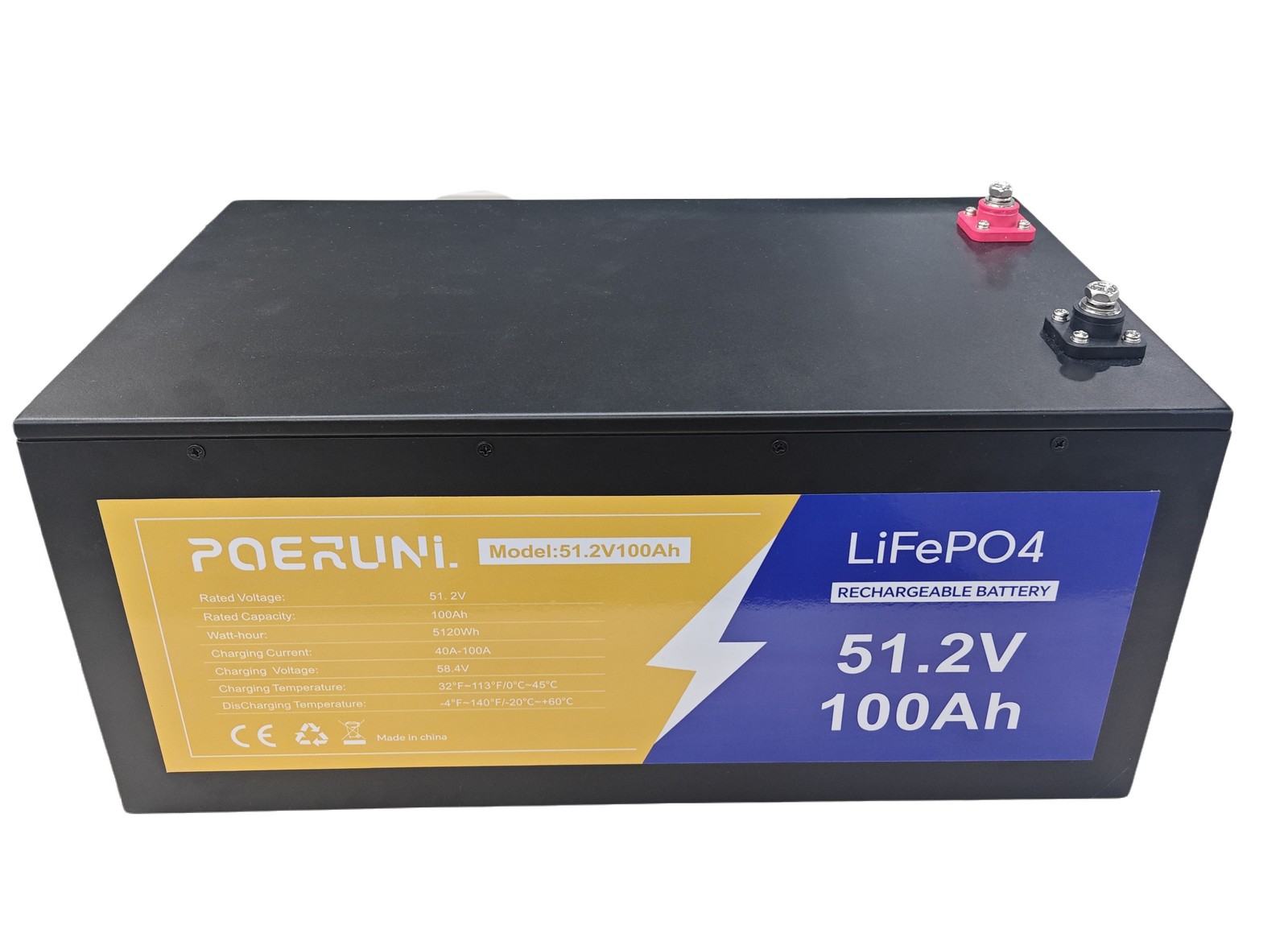 POERUNI 48V 100AH LiFePO4 Lithium Battery with 20A Charger Metal Case Golf Cart