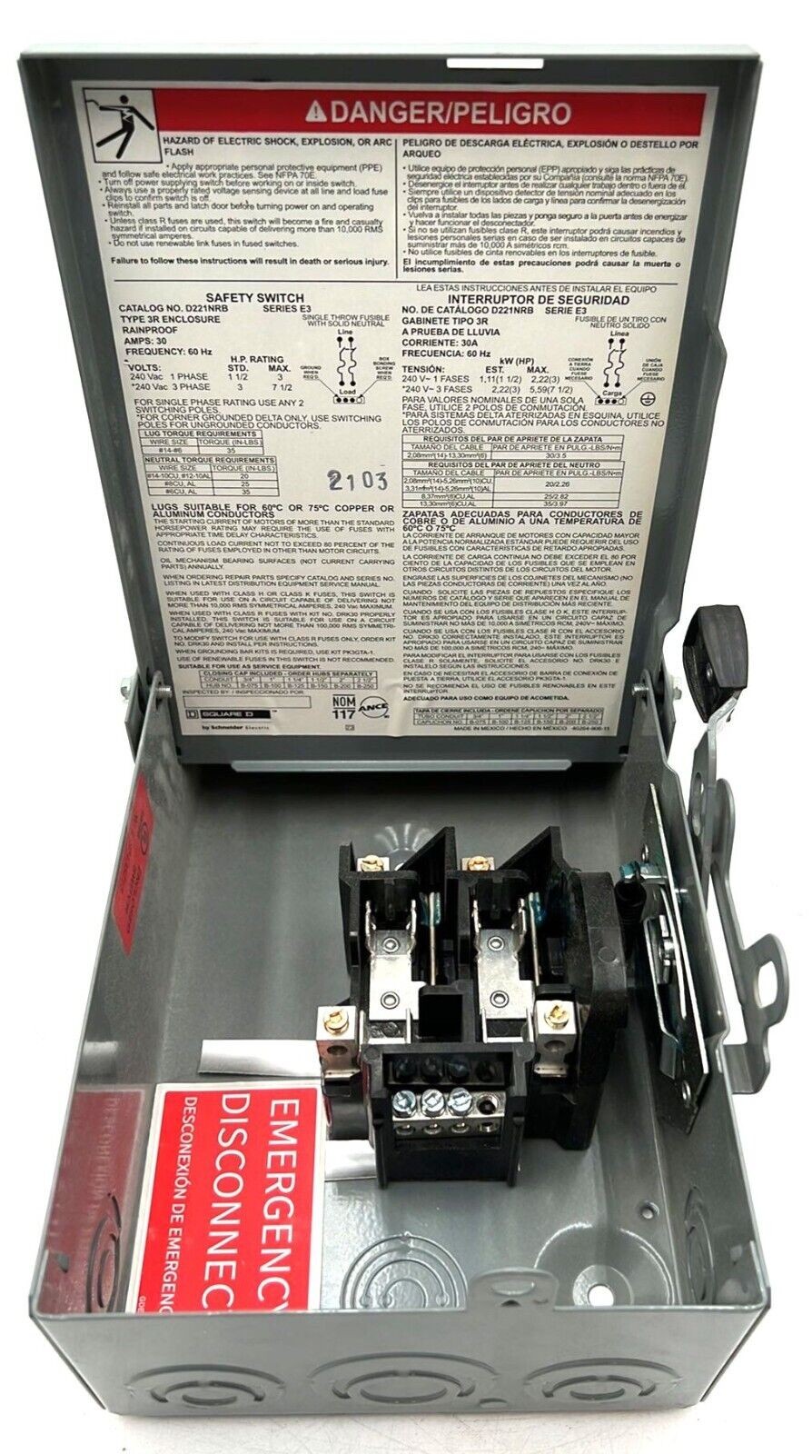 Square D D221NRB Safety Disconnect Switch 30A 2P 240V 1PH NEMA 3R Outdoor Used