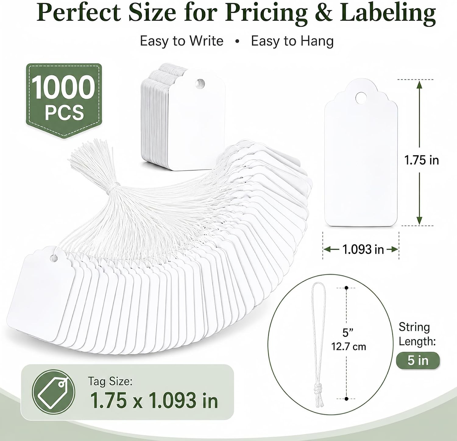 1000 PCS Pre-Strung White Price Tags 1.75×1.093 Retail Merchandise Labels