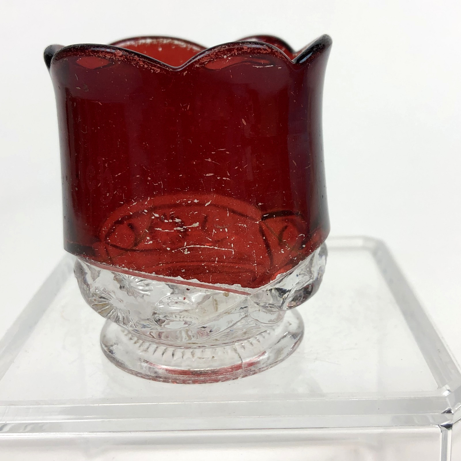VTG Souvenir Battle Creek MI Flashed Cranberry Glass Toothpick Holder Scalloped