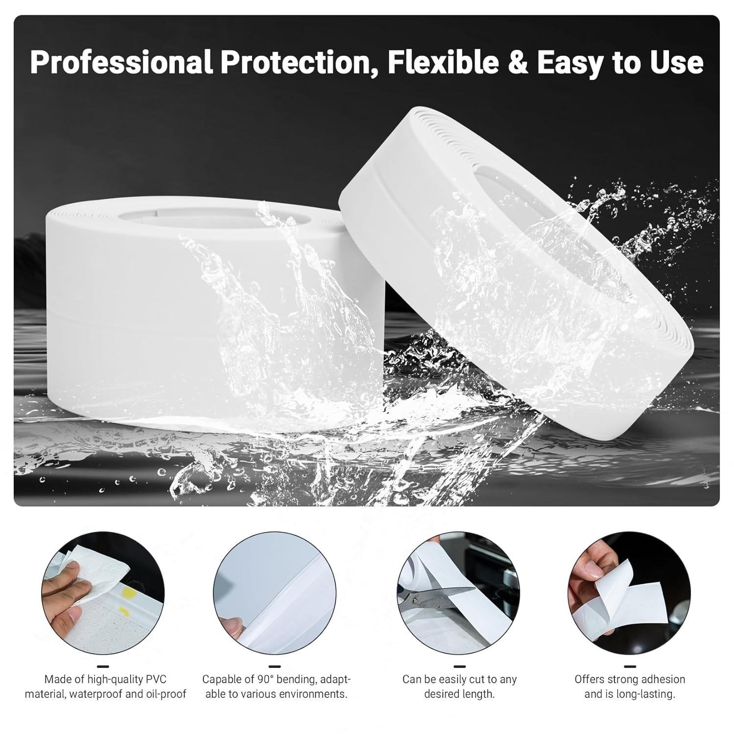 2.2cm x 10.5Ft White Caulk Tape – Adheres Easily for Seamless Water Protection