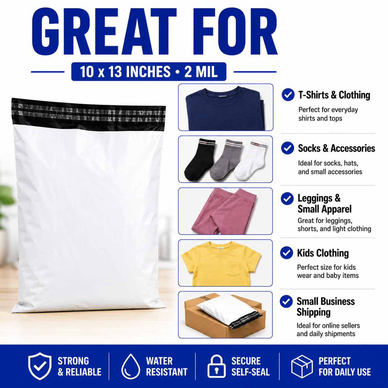10×13 Poly Mailers 2 Mil White Shipping Bags Self Seal Waterproof Bulk Packs