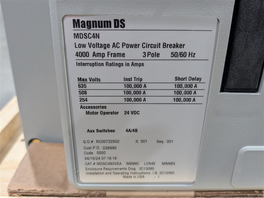 NEW 4000A Eaton Magnum DS MDSC4N Low Voltage AC Power Circuit Breaker