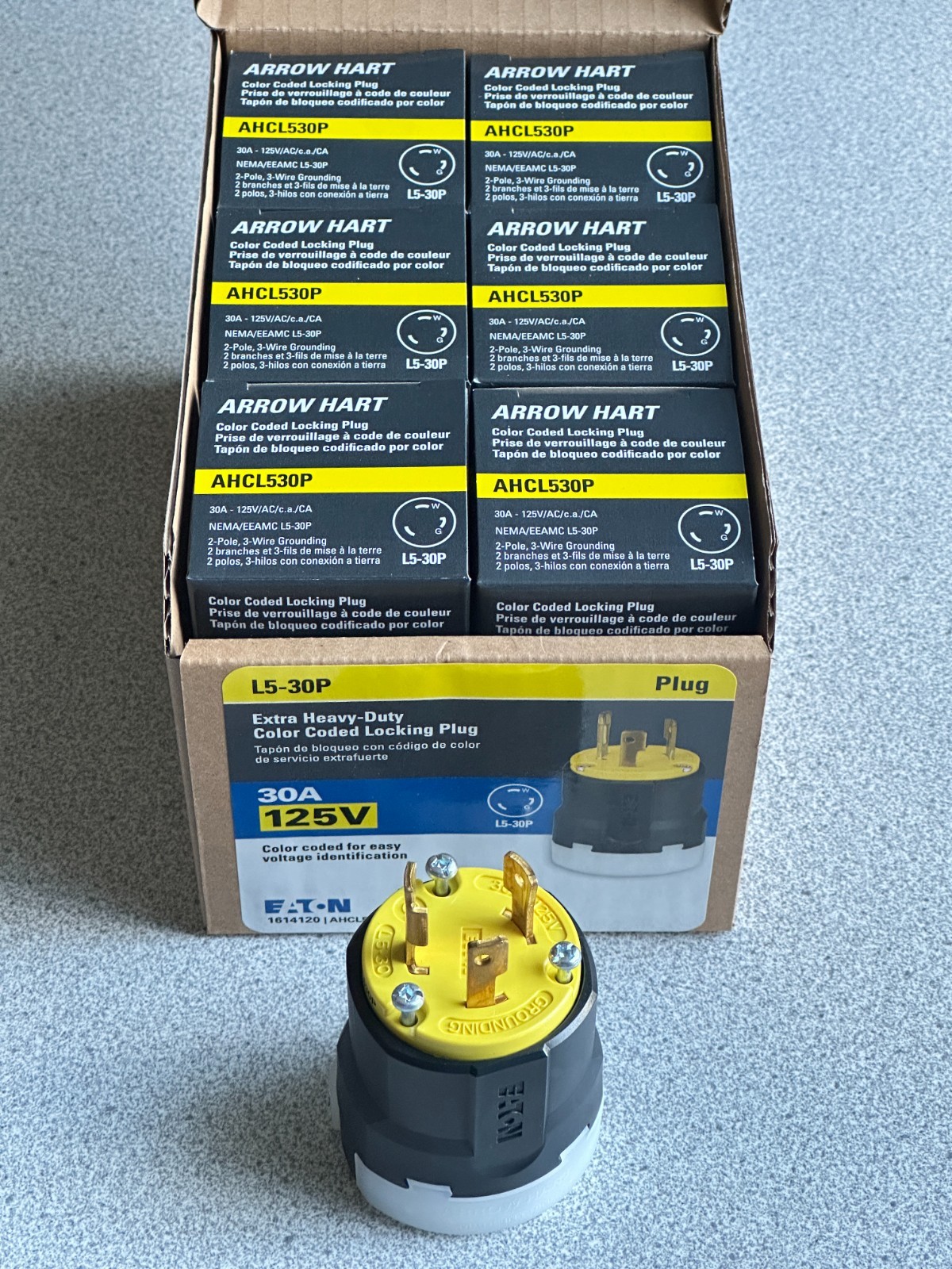 6 NEW Eaton AHCL530P Locking Plug L5-30P 30A 125V Yellow 2 Pole 3 Wire Case Lot