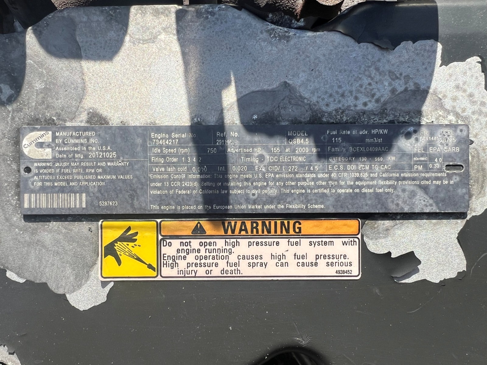 2012 Cummins QSB4.5 Turbo Diesel Engine 155hp, Good runner