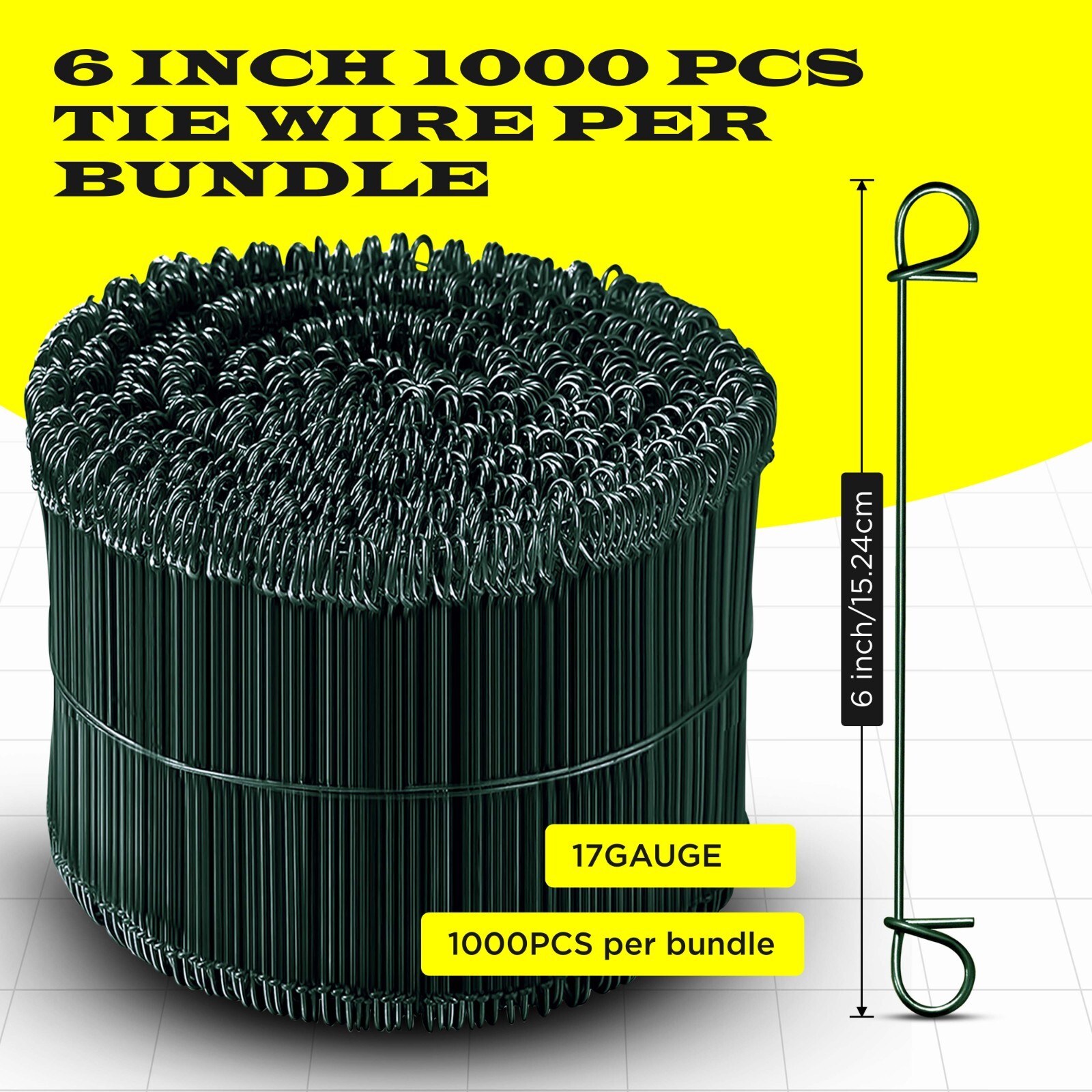 6 Inch x 1000pc GREEN PVC COATED Double Loop Rebar Wire Tie, 16 Gage, SIMBASTEEL