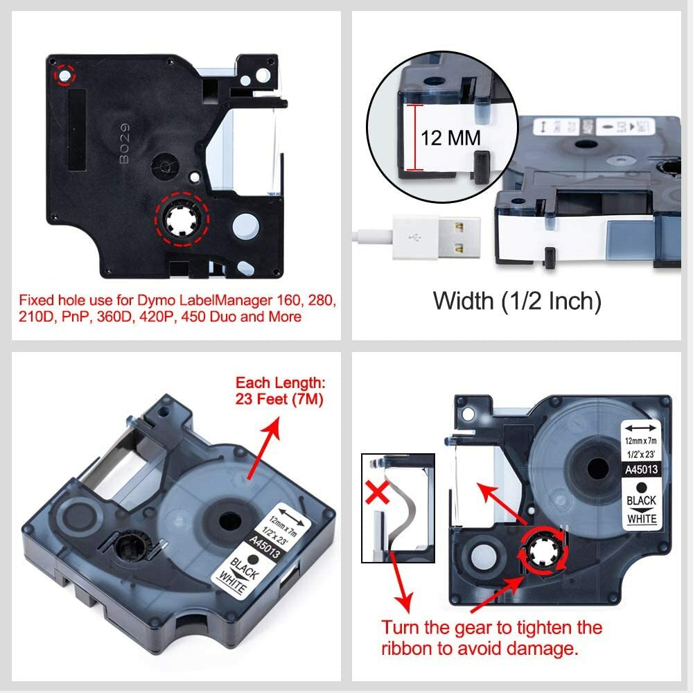 5-Pk/Pack D1 Label Tape 45013 S0720530 for DYMO LabelManager 160 280 420P