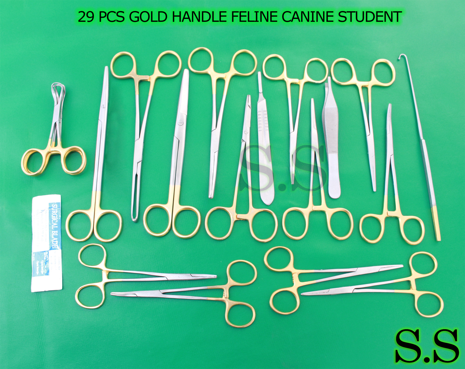 29 PCS GOLD HANDLE FELINE CANINE STUDENT DISSECTION SPAY PACK KIT + BLADES #24