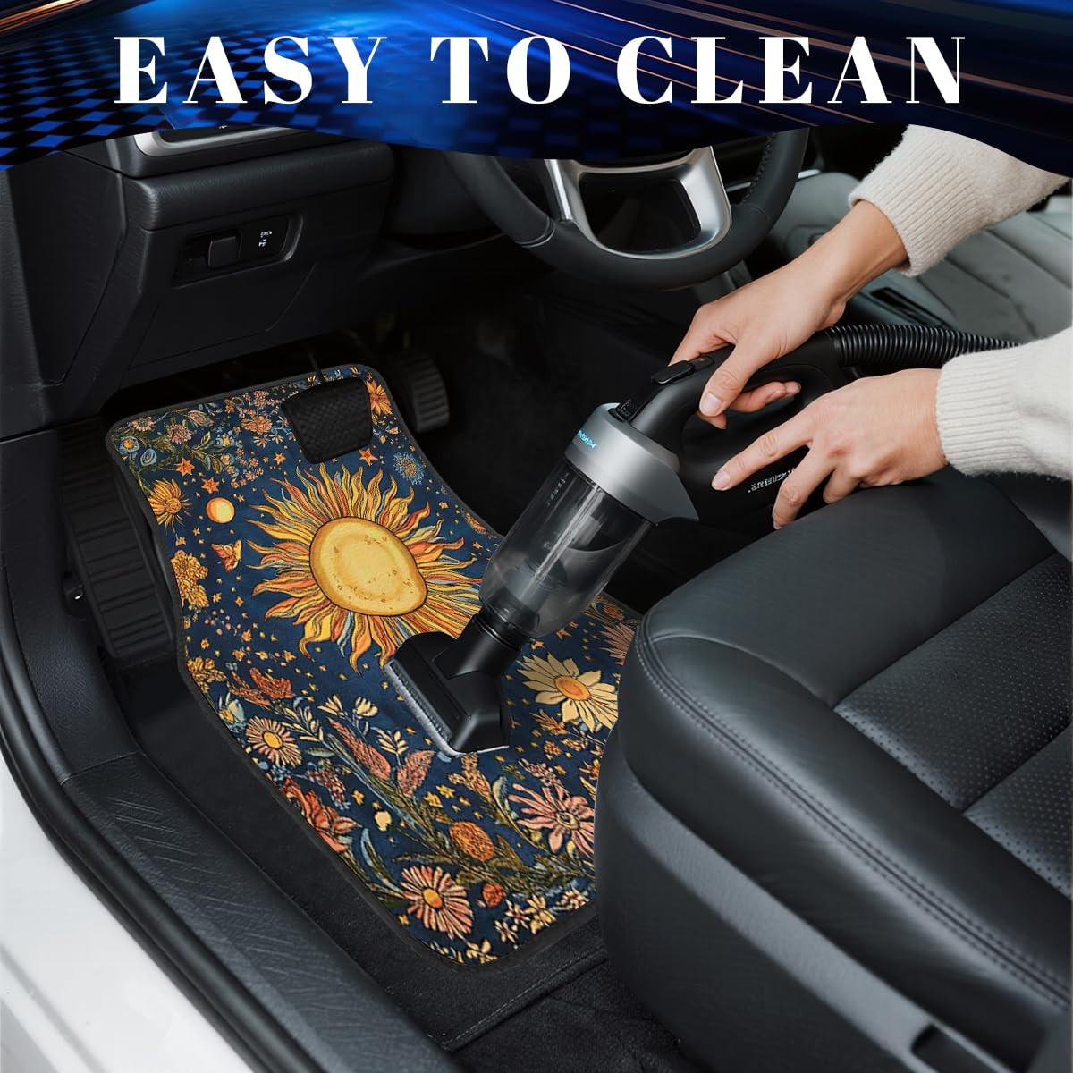 Chhssb Abstract Car Floor Mats Set Of 4 Vintage Sun Moon Star Floral Vibrant