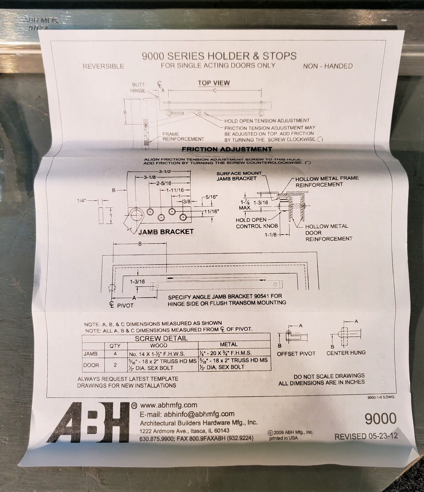 ABH 9000 Series 9024 Surface Mount Overhead Stop & Holder US32D Satin Stainless