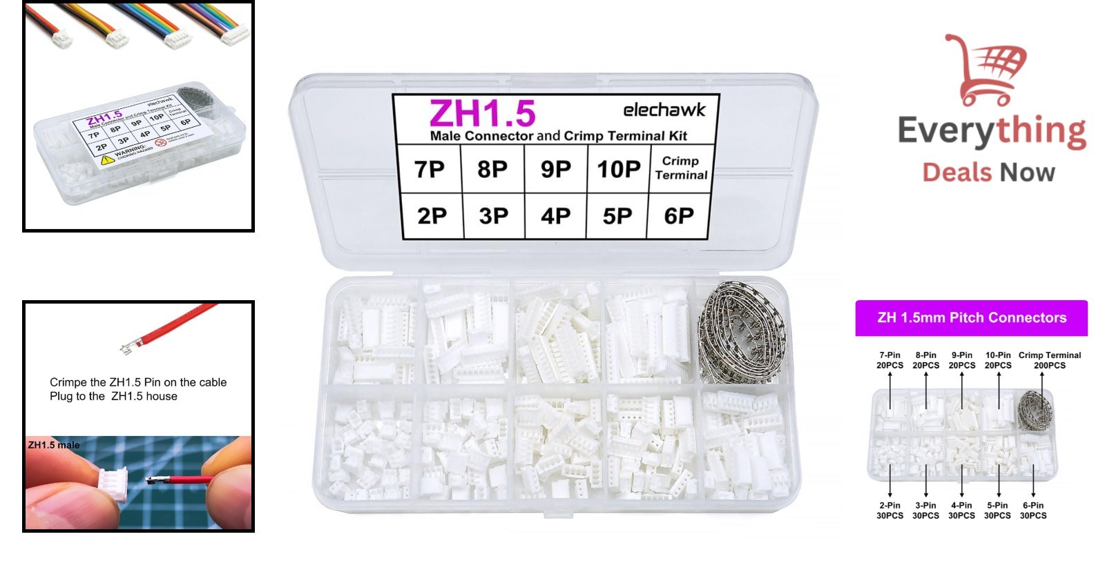 JST ZH 1.5mm Connector Crimp Terminal Housing Kit 2 3 4 5 6 7 8 9 10 Pin 200Pcs