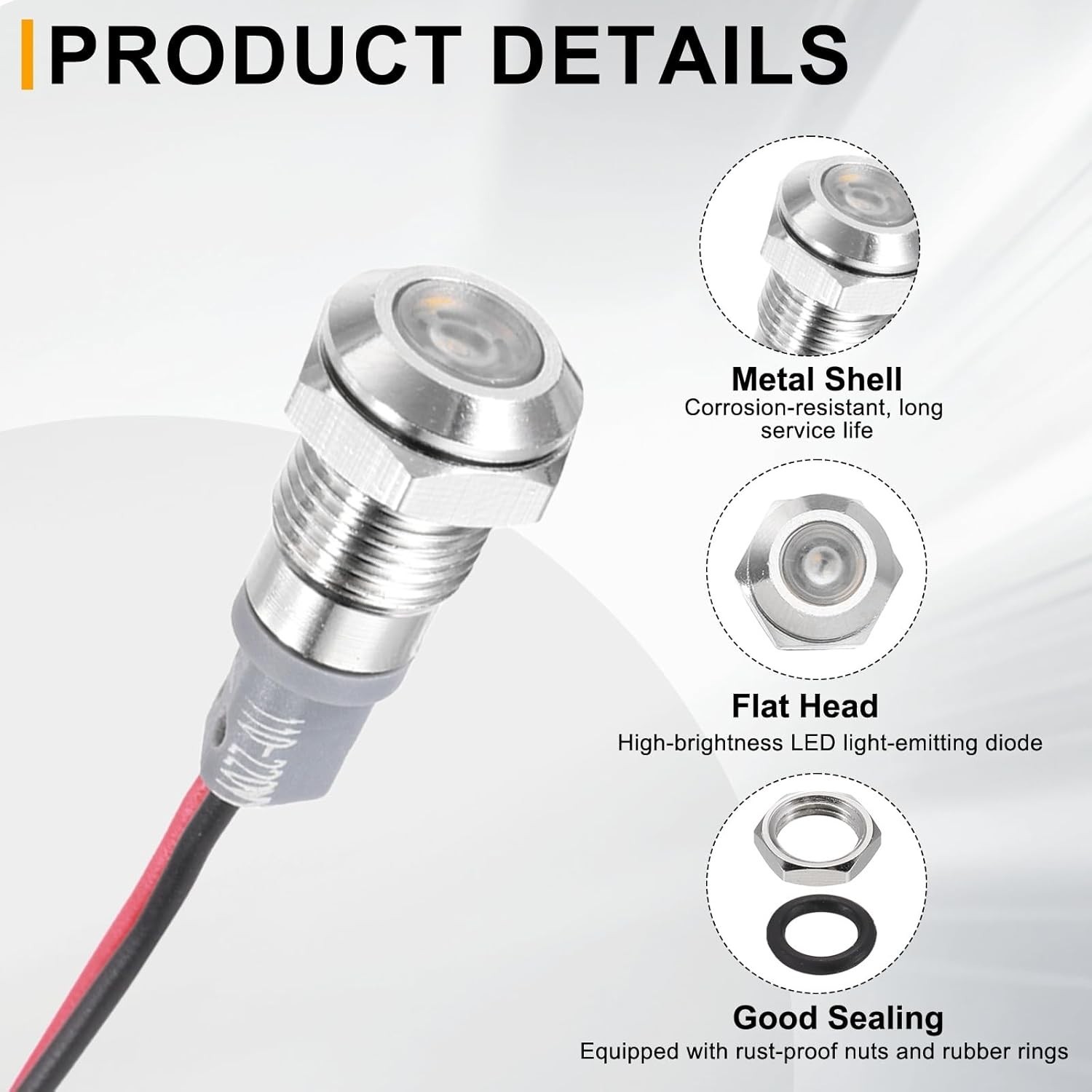 5 Pcs 8mm Nickel-Plated LED Indicator Light with 150mm Cable for 110V-220V