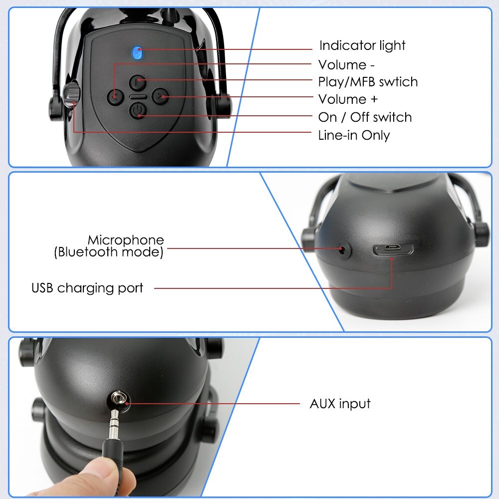 Bluetooth Hard Hat Ear Muffs, NRR 29dB Adjustable Cap-mounted Ear muff, Black