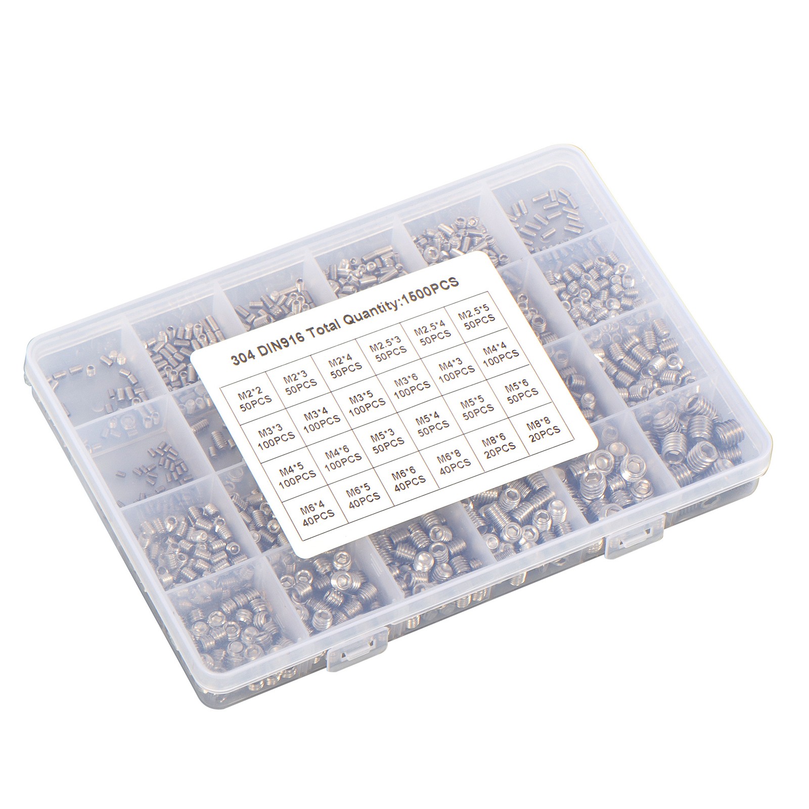 1500PCS Fully Threaded Hex Socket Set Screw Assortment Kit 304 Hex Socket Set