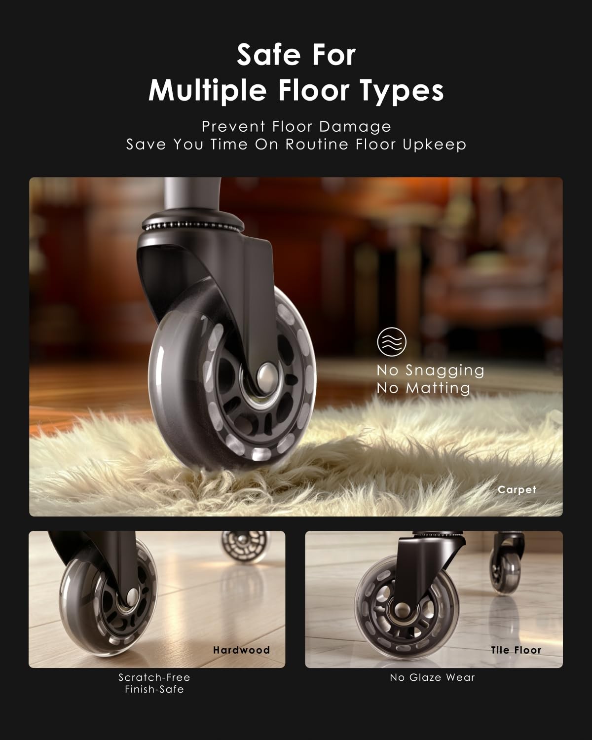 Office Chair Wheels – Replacement Rubber Wheels – Universal Fit 3 Inch Casters,