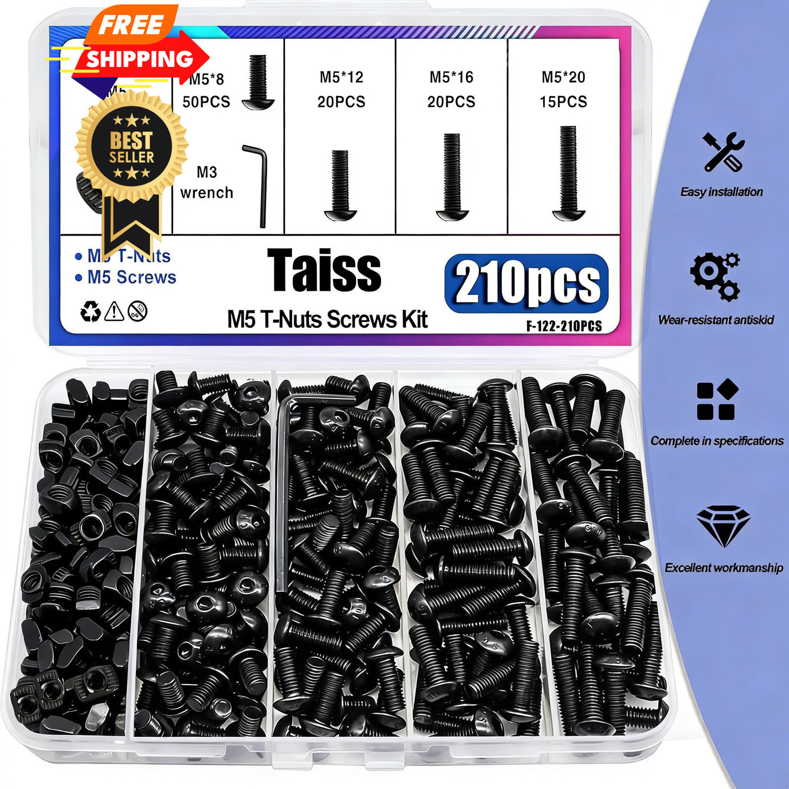 Taiss 210PCS M5 T-Nuts and Bolts Kit for Screw Kit, Black