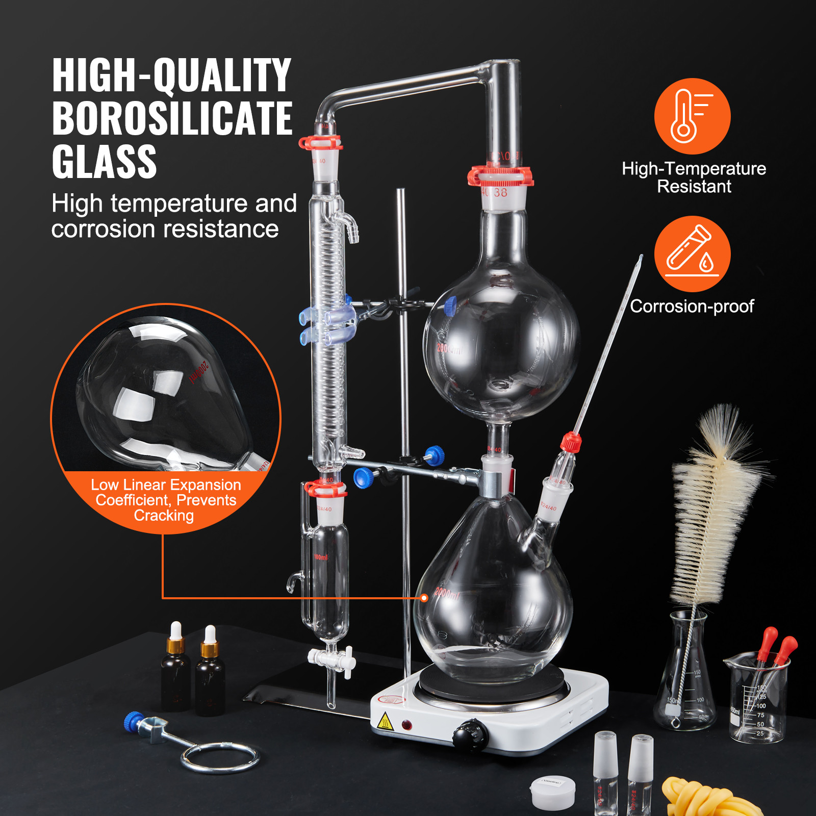 VEVOR Essential Oil Distillation Kit 2000ml Distillation Apparatus 28 pcs Set
