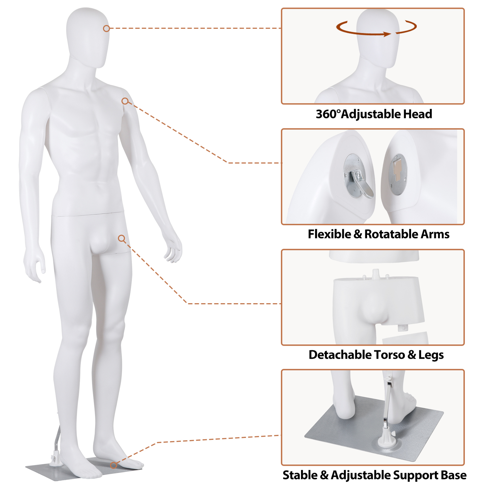 Male Mannequin Dress Form 73″ Adjustable Stand w/Base White Mannequin Full Body