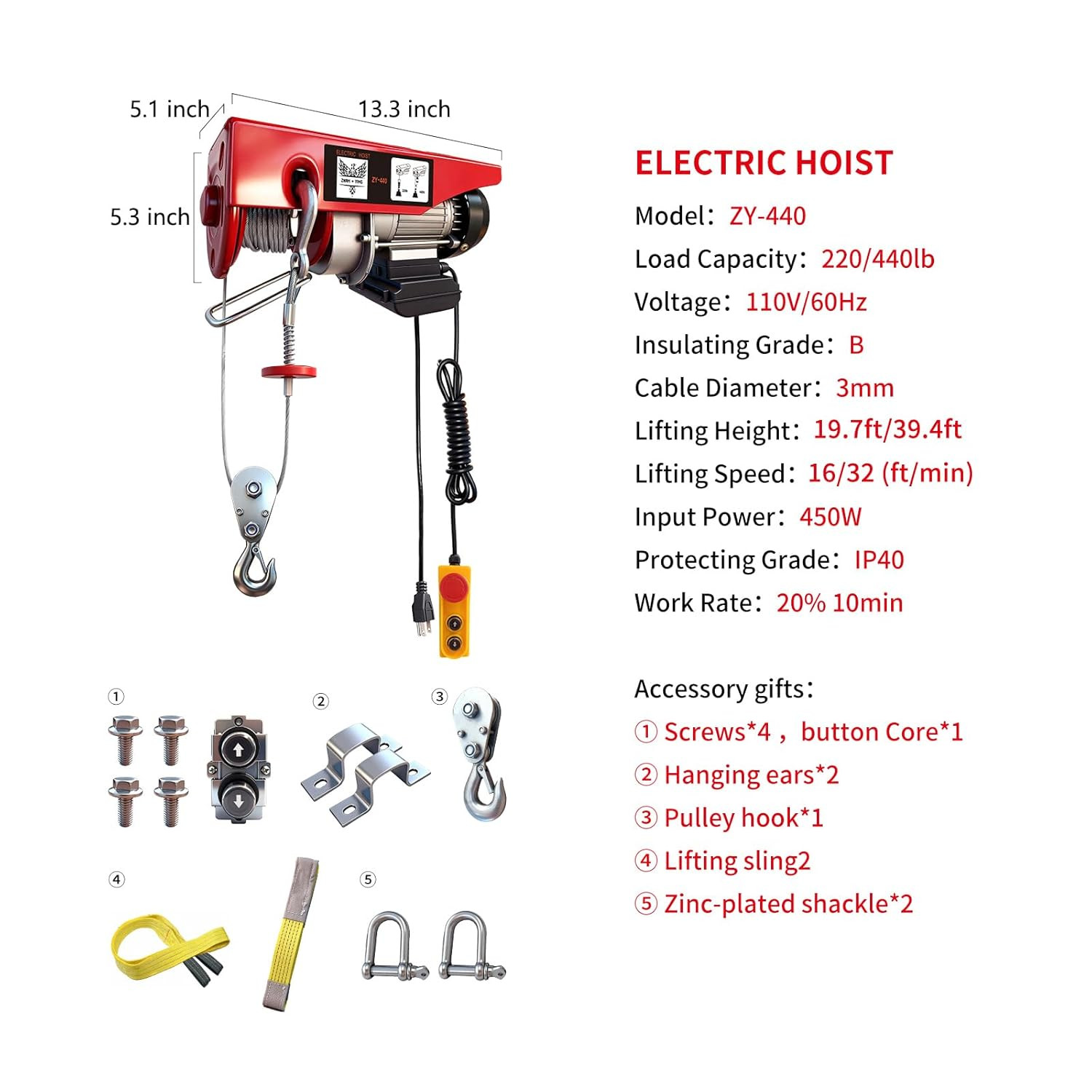 Electric Hoist, 440 Lbs Material Handling Tool, 110V Electric Winch with 14Ft Wi